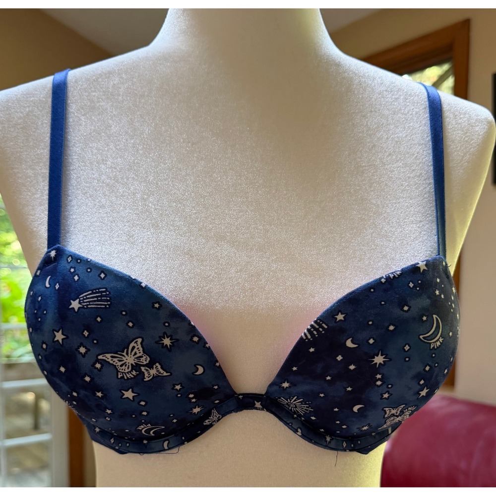 VS PINK Wear Everywhere Push Up Bra Blue Celestial Stars Moon Butterfly 32A